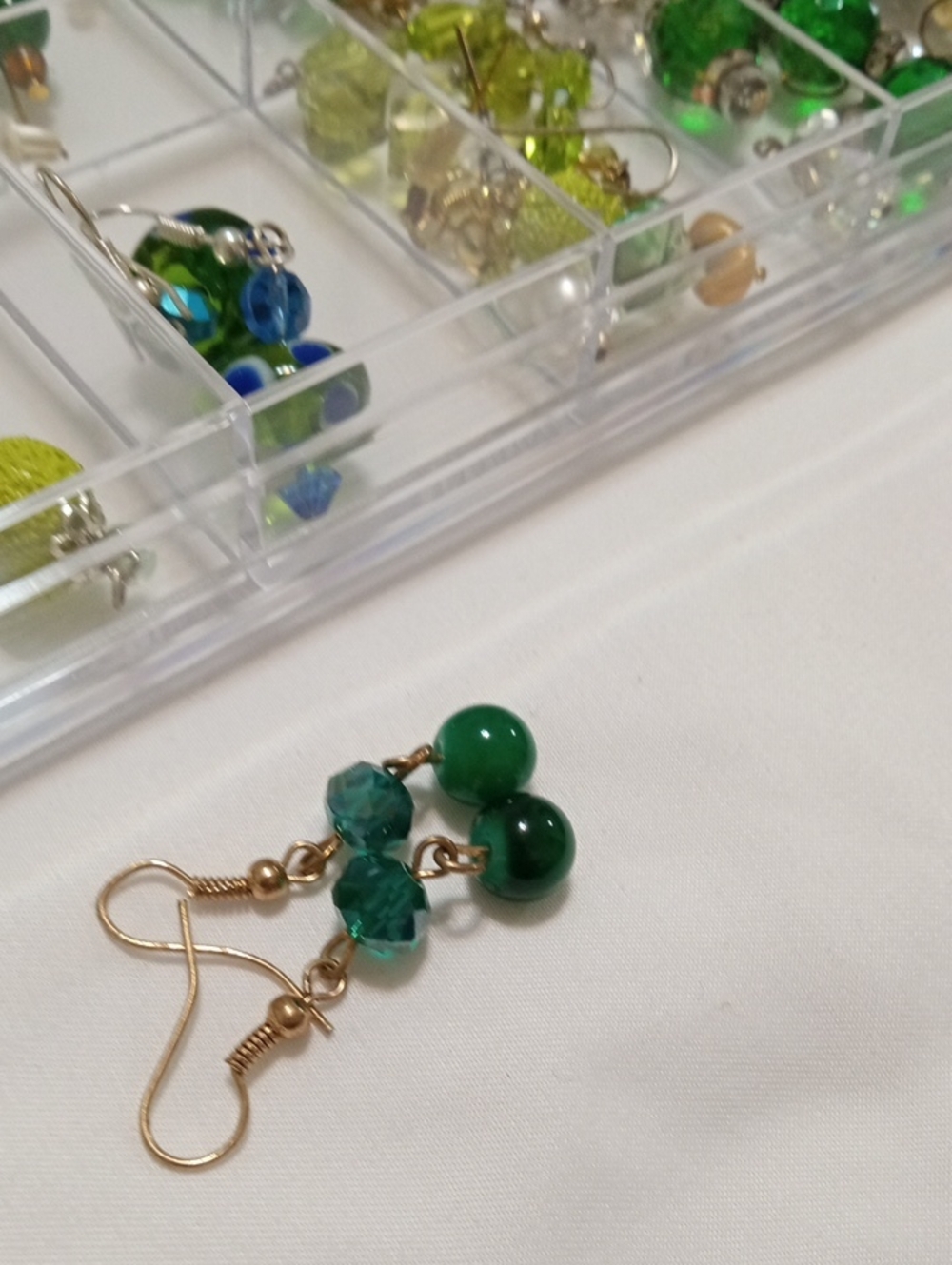 Gold-Tone Green Bead Drop Earrings